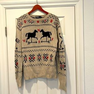 Polo Ralph Lauren hand-knit linen/cotton sweater in taupe/navy/red, men’s XL